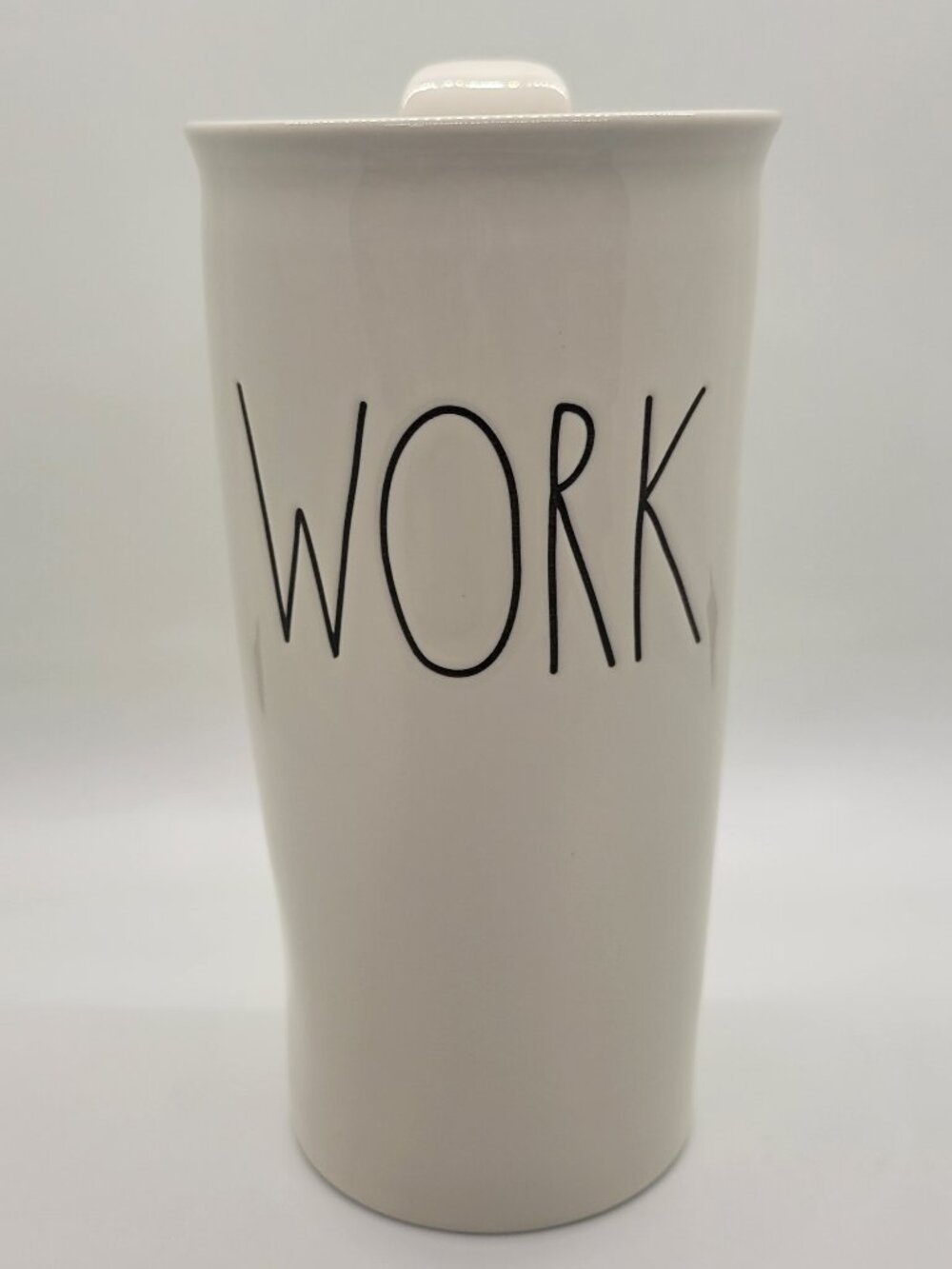 Rae Dunn WORK Ceramic Travel Mug Tumbler Snap Lid Hot Cold Cup 7" Cream Hot Cold